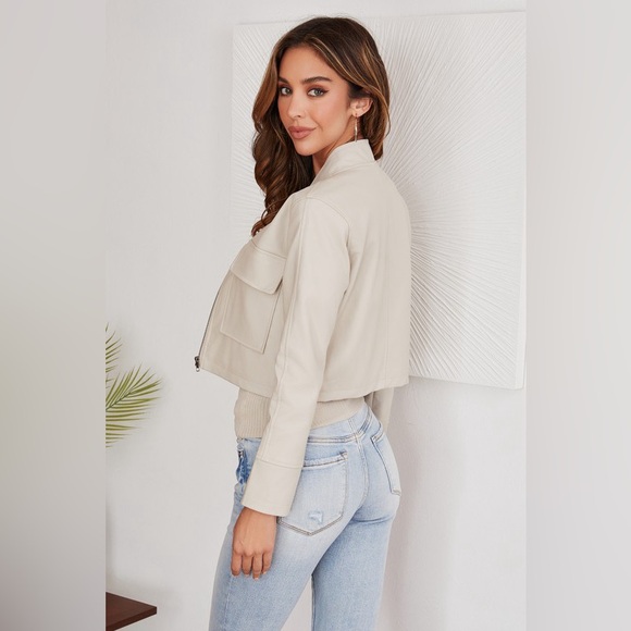 (92014-SOL-CHO) VEGAN LEATHER ZIP UP JACKET WITH FRONT POCKETS - Picture 5 of 5